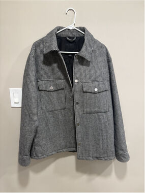 H&M Houndstooth Bomber Jacket Black + White Wool Blend Full Zip Men's Large